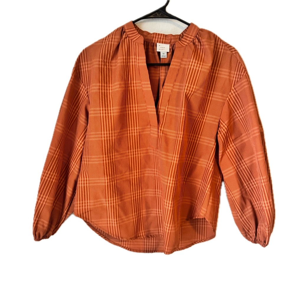 A New Day Womens XS Terracotta Orange Plaid V-Neck Balloon‎ Sleeve Blouse Top